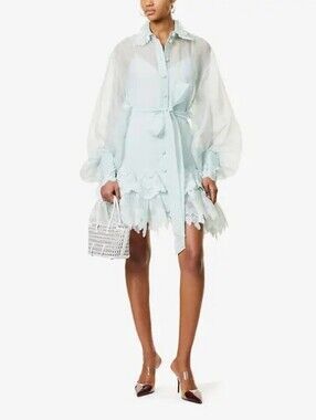 Zimmermann Blue Crush Floral-Appliqué Linen-Silk Blend Mini Shirt Dress